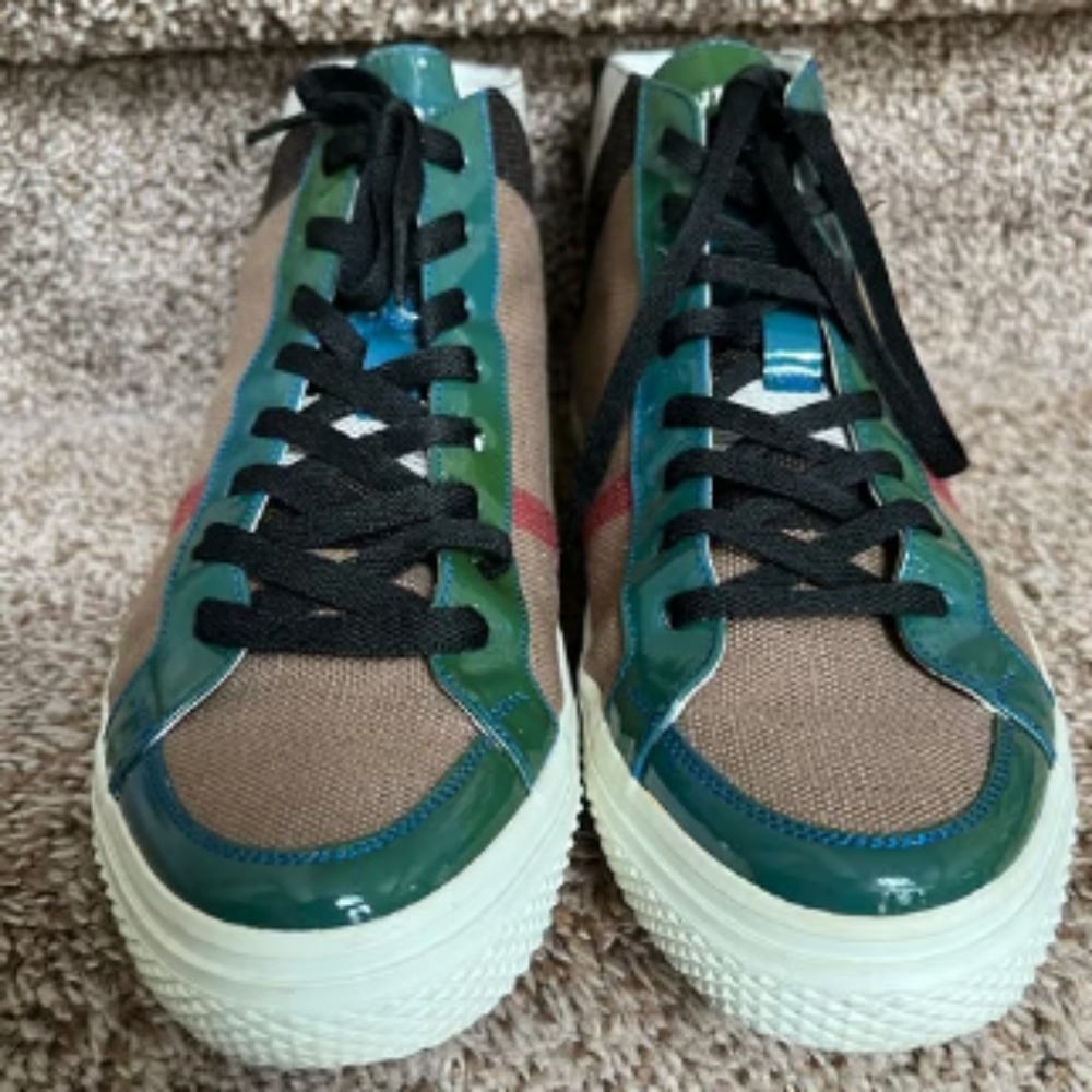 Burberry Unisex Check High-Top Canvas Patent Leather Sneakers.